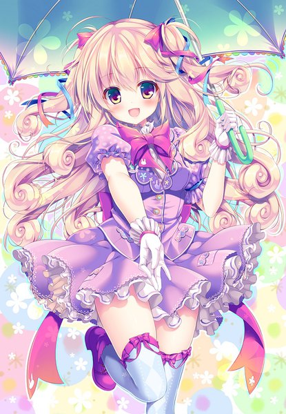 Anime picture 726x1050 with original mizuki yuuma single long hair tall image looking at viewer blush open mouth blonde hair smile standing purple eyes holding :d two side up puffy sleeves floral print drill hair standing on one leg leg lift (legs lift)