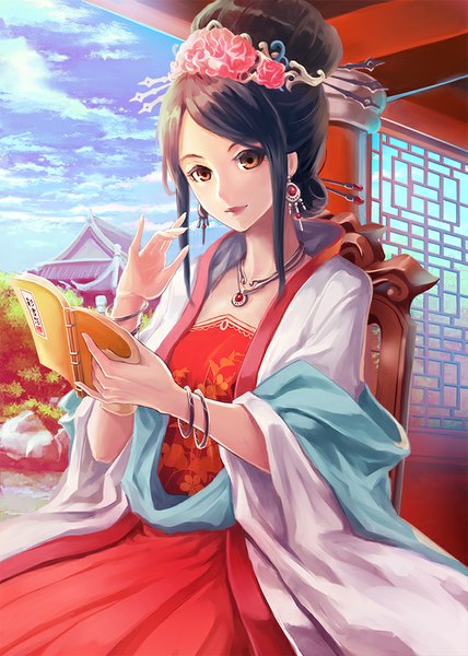 Anime picture 640x896 with original iyokami oto single tall image sitting brown eyes sky cloud (clouds) long sleeves traditional clothes light smile wide sleeves hair bun (hair buns) girl hair ornament earrings choker bracelet pendant book (books)