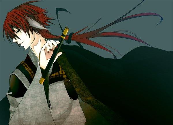 Anime picture 1713x1240 with original megurin single long hair highres simple background animal ears ponytail red hair nail polish japanese clothes profile black eyes boy ribbon (ribbons) hair ribbon musical instrument flute