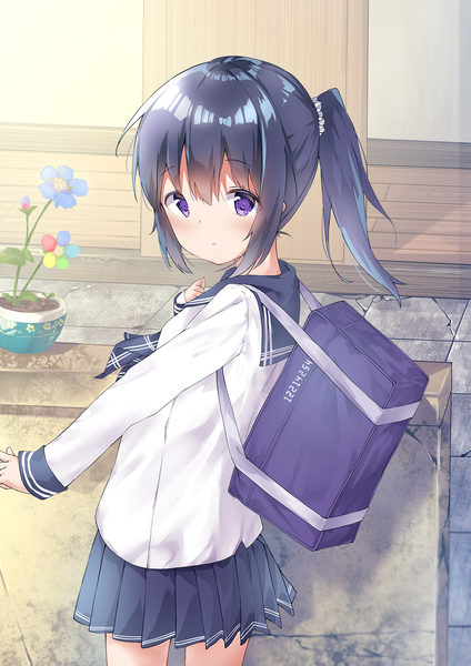 Anime picture 1129x1596 with original shiraki shiori single tall image looking at viewer blush fringe short hair black hair simple background hair between eyes standing purple eyes holding payot blue hair outdoors ponytail pleated skirt sleeves past wrists