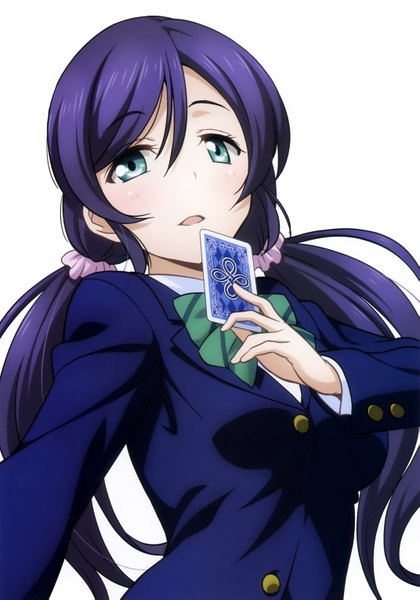 Anime picture 2142x3062 with love live! school idol project sunrise (studio) love live! toujou nozomi inou shin single long hair tall image looking at viewer blush highres open mouth blue eyes simple background white background blue hair scan girl card (cards)