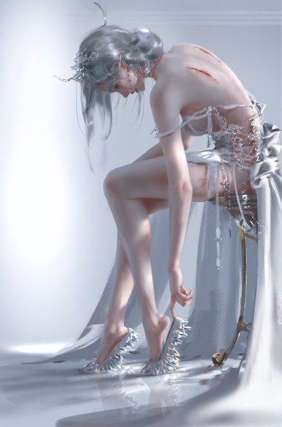 Anime picture 2637x4000 with ghost blade yan (ghost blade) wlop single tall image fringe highres short hair breasts blue eyes light erotic sitting bare shoulders full body bent knee (knees) profile pointy ears grey hair realistic mole