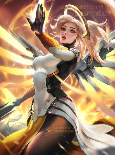 Anime picture 800x1080 with overwatch blizzard entertainment mercy (overwatch) sakimichan single long hair tall image breasts open mouth blue eyes blonde hair holding looking away ponytail arm up lips realistic from below lipstick outstretched arm