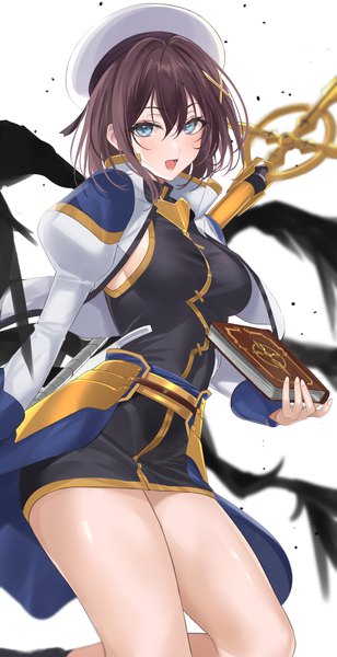 Anime picture 1050x2048 with mahou shoujo lyrical nanoha mahou shoujo lyrical nanoha strikers yagami hayate book of the azure sky schwertkreuz mexif single tall image looking at viewer fringe short hair open mouth blue eyes light erotic hair between eyes brown hair :d puffy sleeves girl book (books)