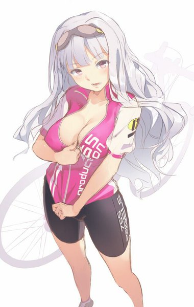 Anime picture 633x1000 with idolmaster shijou takane supertie single long hair tall image looking at viewer blush fringe breasts open mouth light erotic simple background large breasts white background white hair pink eyes undressing girl uniform