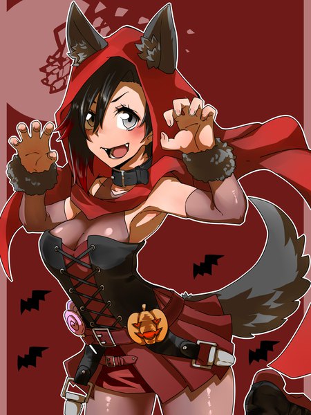 Anime-Bild 2400x3200 mit rwby rooster teeth ruby rose shure (rainround) single tall image looking at viewer highres short hair breasts open mouth light erotic black hair smile large breasts animal ears tail animal tail grey eyes halloween