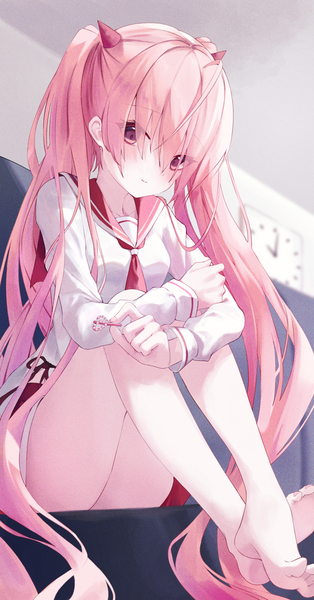 Anime picture 1072x2047 with hidan no aria kanzaki h aria yuzuno kaori single tall image looking at viewer blush fringe light erotic hair between eyes sitting twintails holding pink hair ahoge bent knee (knees) ass indoors long sleeves very long hair