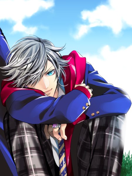 Anime picture 800x1067 with ar performers rage snow cherry single tall image looking at viewer fringe short hair blue eyes smile sitting sky cloud (clouds) outdoors grey hair hair over one eye plaid boy uniform school uniform