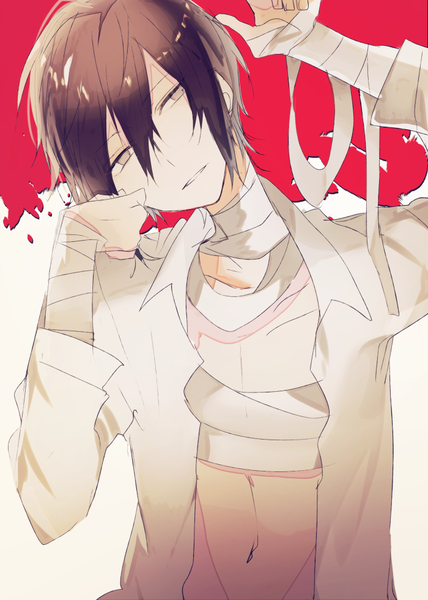 Anime picture 700x980 with bungou stray dogs studio bones dazai osamu (bungou stray dogs) poni (rito) single tall image fringe short hair hair between eyes brown hair brown eyes upper body head tilt arm up open shirt expressionless boy navel shirt bandage (bandages)