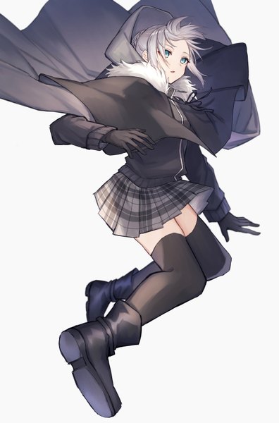 Anime-Bild 1000x1515 mit fate (series) lord el-melloi ii case files gray (fate) coyucom single tall image fringe short hair blue eyes simple background hair between eyes payot looking away silver hair full body bent knee (knees) braid (braids) long sleeves parted lips pleated skirt