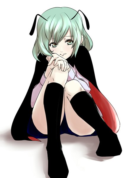 Anime picture 800x1100 with touhou wriggle nightbug dearmybrothers single tall image short hair simple background white background sitting green eyes looking away green hair shadow antennae girl socks knee socks