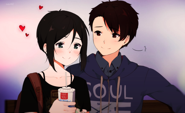 Anime picture 1575x964 with original eventh7 blush fringe short hair black hair smile red eyes brown hair wide image holding green eyes looking away mole couple mole under eye girl boy heart sweater