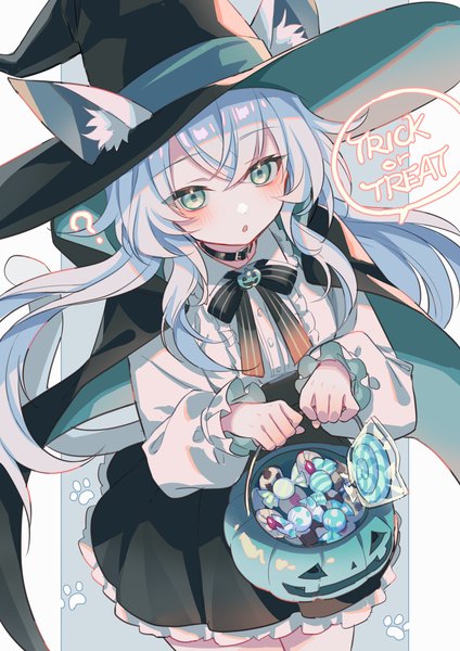 Anime picture 1414x2000 with original zoff (daria) single long hair tall image blush fringe hair between eyes green eyes animal ears silver hair tail animal tail from above cat ears :o cat girl cat tail text halloween