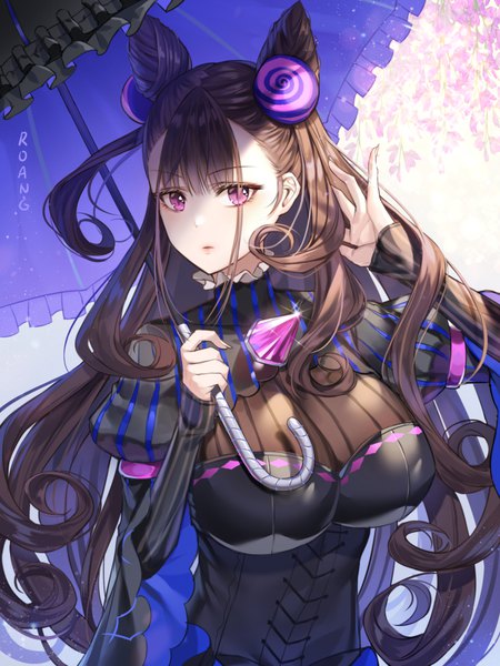 Anime picture 700x933 with fate (series) fate/grand order murasaki shikibu (fate) roang single long hair tall image looking at viewer fringe breasts light erotic black hair hair between eyes large breasts standing purple eyes holding signed payot upper body