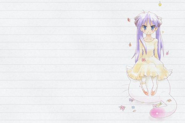 Anime picture 2000x1333 with lucky star kyoto animation hiiragi kagami long hair highres simple background purple eyes twintails purple hair girl dress flower (flowers) socks white socks cat