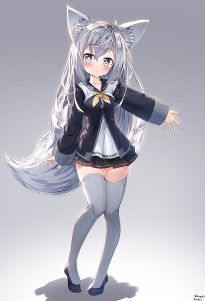 Anime picture 1500x2192 with blade & soul lyn (blade & soul) tandohark single tall image blush fringe simple background hair between eyes signed animal ears silver hair full body ahoge tail head tilt animal tail pleated skirt grey background zettai ryouiki