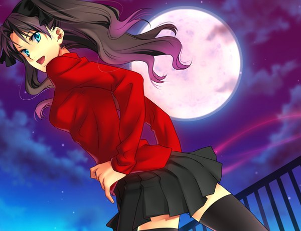 Anime picture 1500x1153 with fate (series) fate/stay night studio deen type-moon toosaka rin blue eyes black hair moon