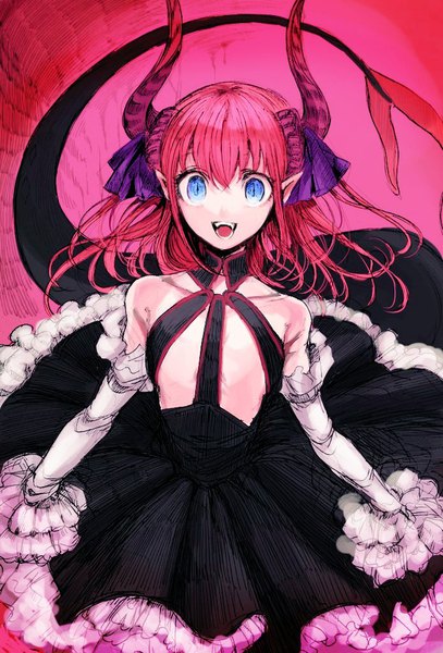 Anime picture 695x1024 with fate (series) fate/extra fate/extra ccc elizabeth bathory (fate) (all) elizabeth bathory (fate) takashi (onikukku) single long hair tall image looking at viewer fringe open mouth blue eyes light erotic hair between eyes bare shoulders pink hair tail :d horn (horns)