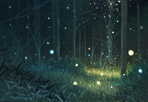 Anime picture 2644x1835 with original gemi highres night landscape plant (plants) tree (trees) grass forest fireflies