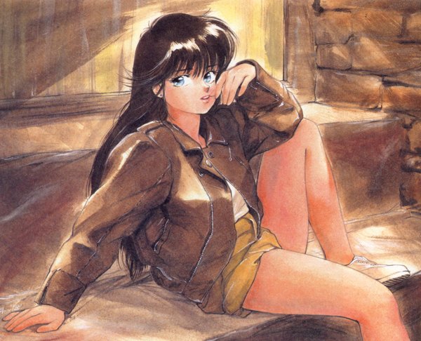Anime picture 1871x1517 with kimagure orange road ayukawa madoka takada akemi single long hair highres blue eyes brown hair sitting oldschool 80s girl jacket shorts