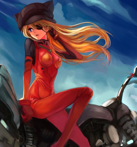 Anime picture 1412x1507 with neon genesis evangelion rebuild of evangelion evangelion: 3.0 you can (not) redo gainax soryu asuka langley summercards single long hair tall image open mouth sitting purple eyes looking away sky wind orange hair girl hat eyepatch pilot suit