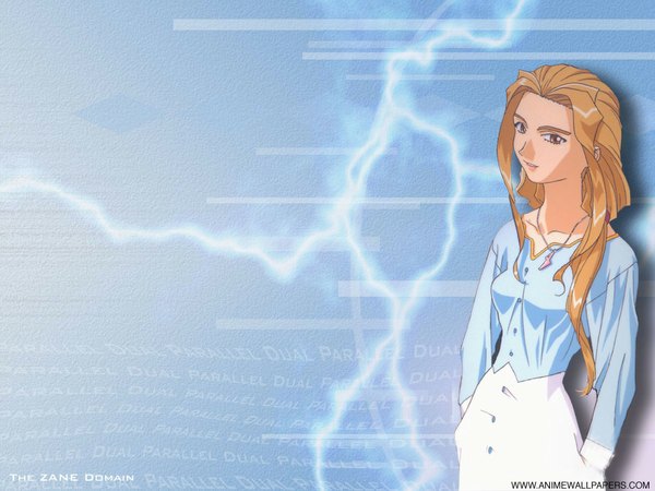 Anime picture 1024x768 with dual dual! parallel trouble adventure single long hair looking at viewer blonde hair brown eyes wallpaper blue background hands in pockets girl pendant