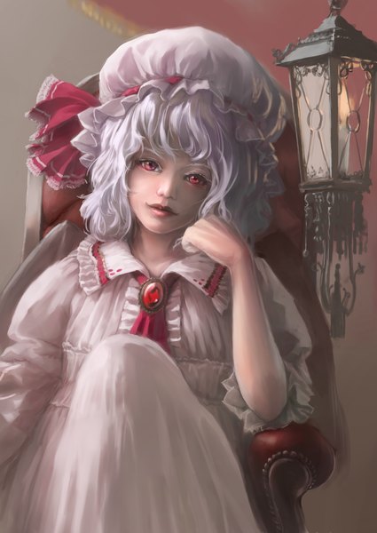 Anime picture 1820x2570 with touhou remilia scarlet koshi (koshi vortex) single tall image looking at viewer fringe highres short hair red eyes sitting purple hair light smile lips realistic wavy hair head rest girl dress hat