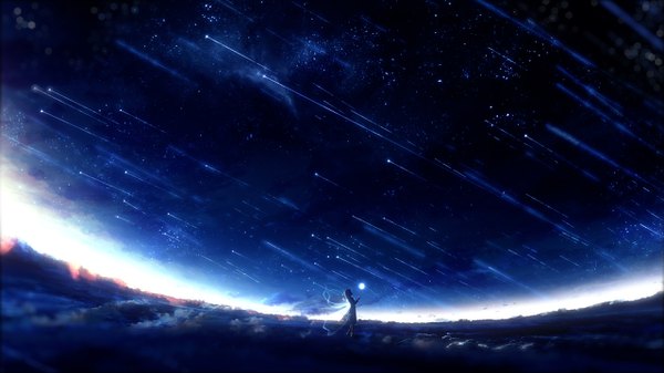 Anime picture 2560x1440 with original y y (ysk ygc) single long hair highres wide image standing sky cloud (clouds) night wallpaper night sky dark background horizon fantasy silhouette insect wings fisheye meteor rain girl