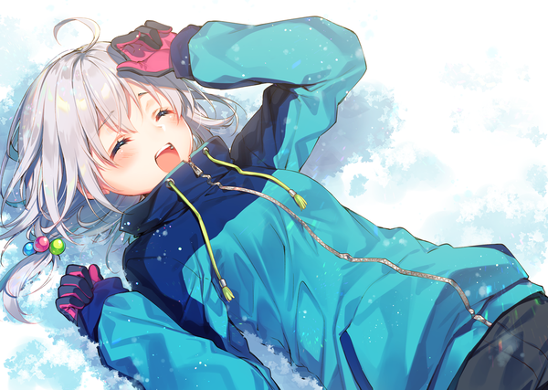 Anime picture 1484x1058 with original toosaka asagi single long hair blush fringe open mouth smile ahoge outdoors lying eyes closed long sleeves grey hair teeth on back dutch angle happy snow hand on head