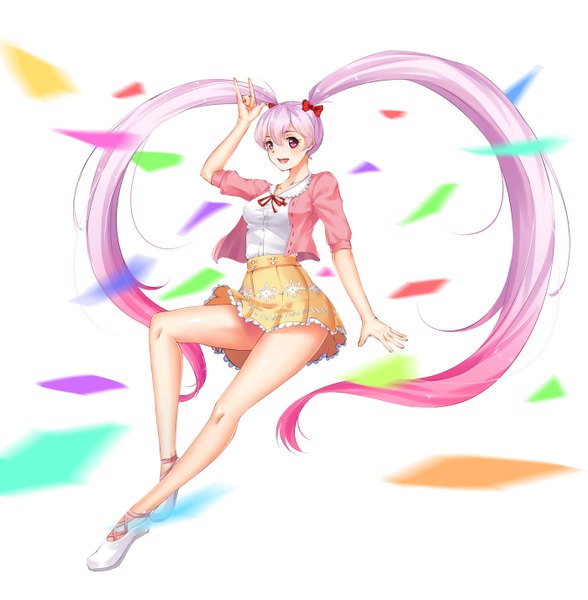 Anime picture 2800x2857 with original yi mian single tall image looking at viewer blush fringe highres open mouth smile hair between eyes red eyes white background twintails purple hair full body bent knee (knees) very long hair multicolored hair two-tone hair