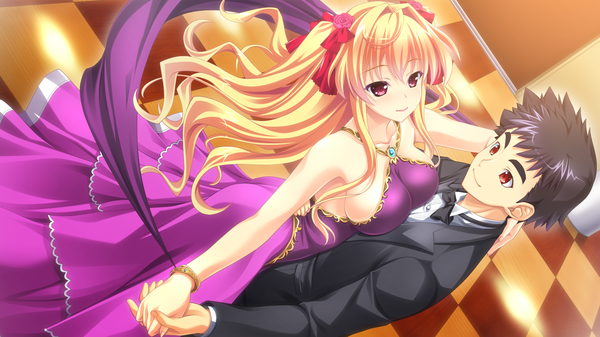 Anime picture 1920x1080 with baka moe heart ni ai wo komete! kamiwazumi chinami long hair blush highres short hair black hair blonde hair red eyes wide image game cg couple wavy hair dancing girl dress boy bow hair bow