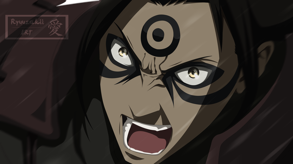 Anime picture 4000x2249 with naruto studio pierrot naruto (series) senju hashirama xryuuzakii single highres short hair open mouth black hair wide image yellow eyes absurdres tattoo coloring facial mark close-up face angry screaming
