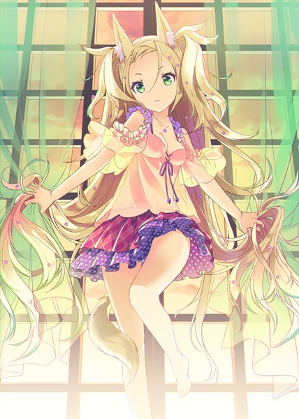 Anime picture 640x898 with original h2so4 single tall image looking at viewer blonde hair green eyes animal ears very long hair girl dress