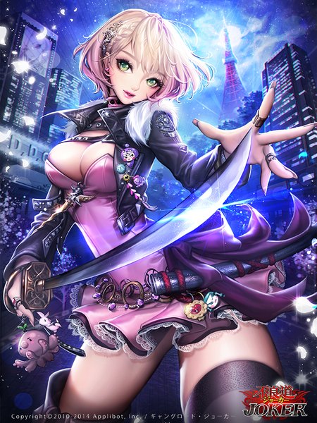 Anime picture 700x933 with furyou michi ~gang road~ joker ~gang road~ akinashi kuu dadachyo single tall image fringe short hair breasts light erotic blonde hair large breasts green eyes cleavage parted lips fingernails night open jacket official art zettai ryouiki