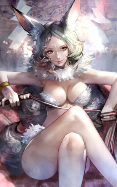 Anime picture 1254x2000 with original koneko kosodate chuu single tall image short hair breasts light erotic brown hair large breasts sitting holding brown eyes animal ears looking away tail nail polish animal tail fingernails bare legs bare belly