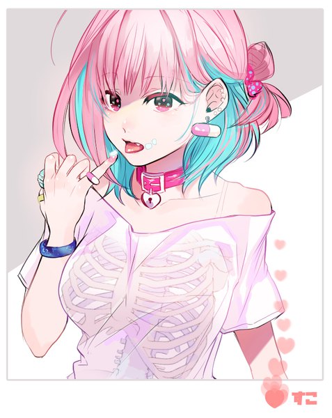 Anime picture 666x838 with idolmaster idolmaster cinderella girls yumemi riamu 46493 (creempop) single tall image fringe short hair open mouth simple background hair between eyes looking away pink hair upper body pink eyes multicolored hair off shoulder two-tone hair short sleeves finger to mouth