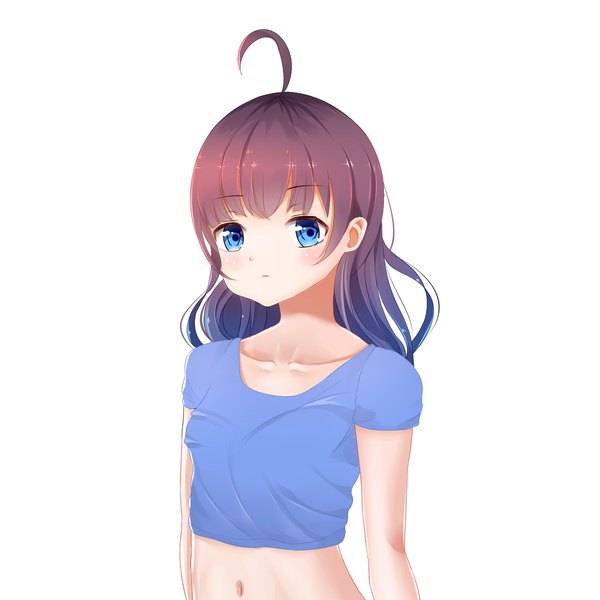 Anime picture 2100x2100 with original kaerou single long hair looking at viewer blush fringe highres breasts blue eyes simple background brown hair white background ahoge upper body short sleeves gradient hair girl navel crop top