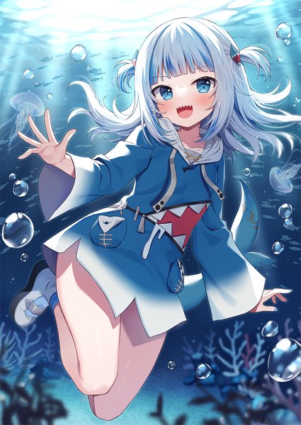 Anime picture 700x989 with virtual youtuber hololive hololive english gawr gura gawr gura (1st costume) mauve single long hair tall image looking at viewer blush fringe open mouth blue eyes silver hair tail blunt bangs :d multicolored hair two side up