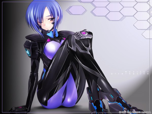 Anime picture 1600x1200 with muv-luv kashiwagi haruko short hair light erotic blue hair skin tight bodysuit