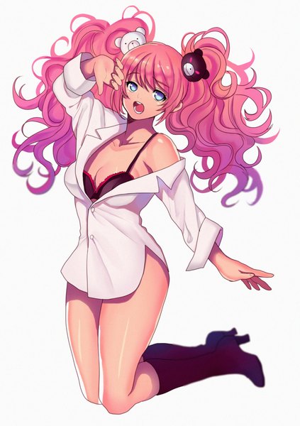 Anime picture 1360x1928 with dangan ronpa enoshima junko elizabeth (erika123) single long hair tall image open mouth blue eyes light erotic simple background white background twintails pink hair open clothes open shirt wavy hair yawn girl shirt lingerie