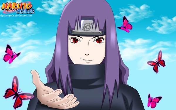 Anime picture 1131x707 with naruto studio pierrot naruto (series) uchiha naori reizeropein single long hair looking at viewer smile red eyes wide image sky purple hair cloud (clouds) sharingan girl insect butterfly