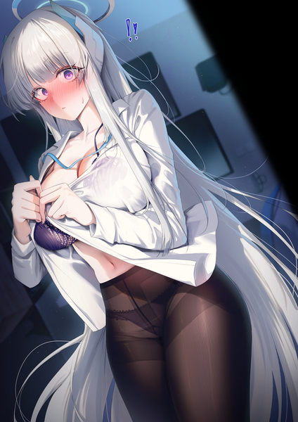 Anime picture 1412x2000 with blue archive noa (blue archive) alpha (alpha91) single tall image looking at viewer blush fringe breasts light erotic large breasts standing purple eyes white hair indoors blunt bangs long sleeves very long hair dutch angle open shirt