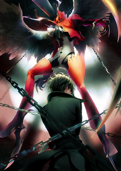 Anime picture 589x828 with persona 5 persona amamiya ren arsene (persona 5) joka (night gate) tall image short hair black hair looking away from behind boy gloves weapon wings boots gun thigh boots chain cloak mask