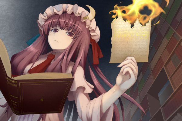 Anime picture 1200x804 with touhou patchouli knowledge shiro-inu (artist) long hair brown hair brown eyes crescent girl book (books) fire paper shelf bookshelf
