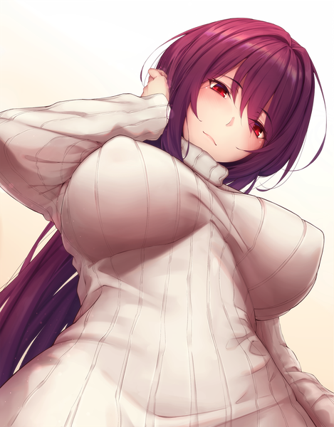 Anime picture 1282x1639 with fate (series) fate/grand order scathach (fate) (all) scathach (fate) lun7732 single long hair tall image looking at viewer blush fringe breasts light erotic simple background hair between eyes red eyes large breasts white background purple hair upper body