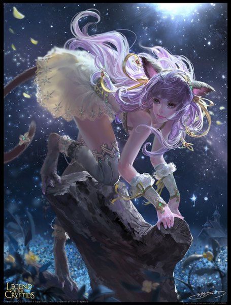 Anime picture 1000x1317 with legend of the cryptids yu-han single long hair tall image fringe purple eyes animal ears looking away tail animal tail fingernails lips cat ears night cat girl cat tail grey eyes fantasy girl