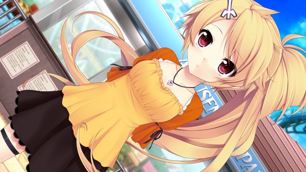 Anime picture 1280x720 with chuning lover natsu konatsu koso single long hair blonde hair red eyes wide image game cg ponytail side ponytail girl dress