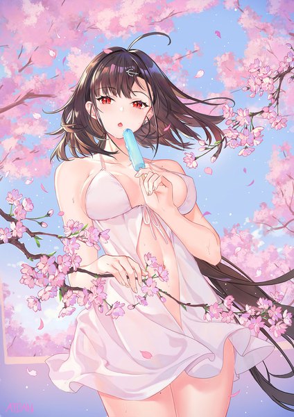 Anime picture 1128x1596 with azur lane independence (azur lane) atdan single long hair tall image looking at viewer blush breasts open mouth light erotic red eyes brown hair holding signed ahoge outdoors ponytail cherry blossoms slit pupils