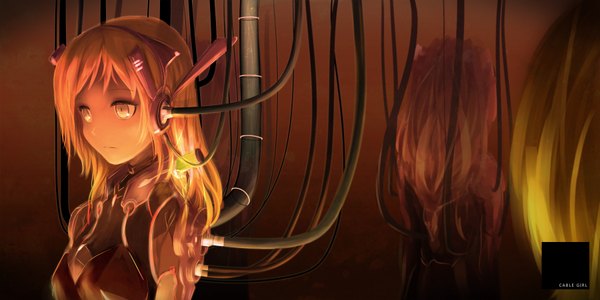 Anime picture 1800x900 with coconoco (artist) long hair highres wide image yellow eyes orange hair girl bodysuit wire (wires)