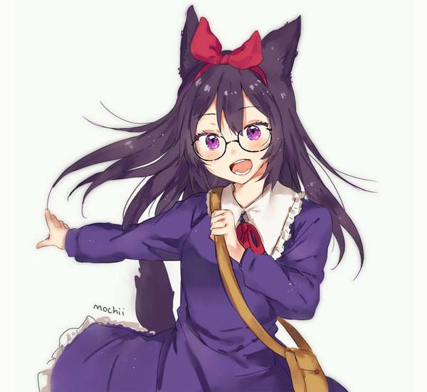 Anime picture 900x826 with original mochii single long hair looking at viewer blush fringe open mouth simple background smile hair between eyes standing white background purple eyes signed animal ears purple hair tail :d animal tail